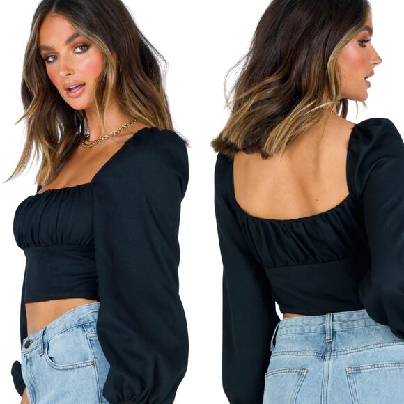 Princess Polly Ariah Balloon Sleeve Crop Top Square Neck Gathered Bodice Black 4 - Picture 2 of 8